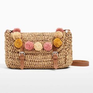 Zara Raffia Effect Pom Pom Crossbody Bag